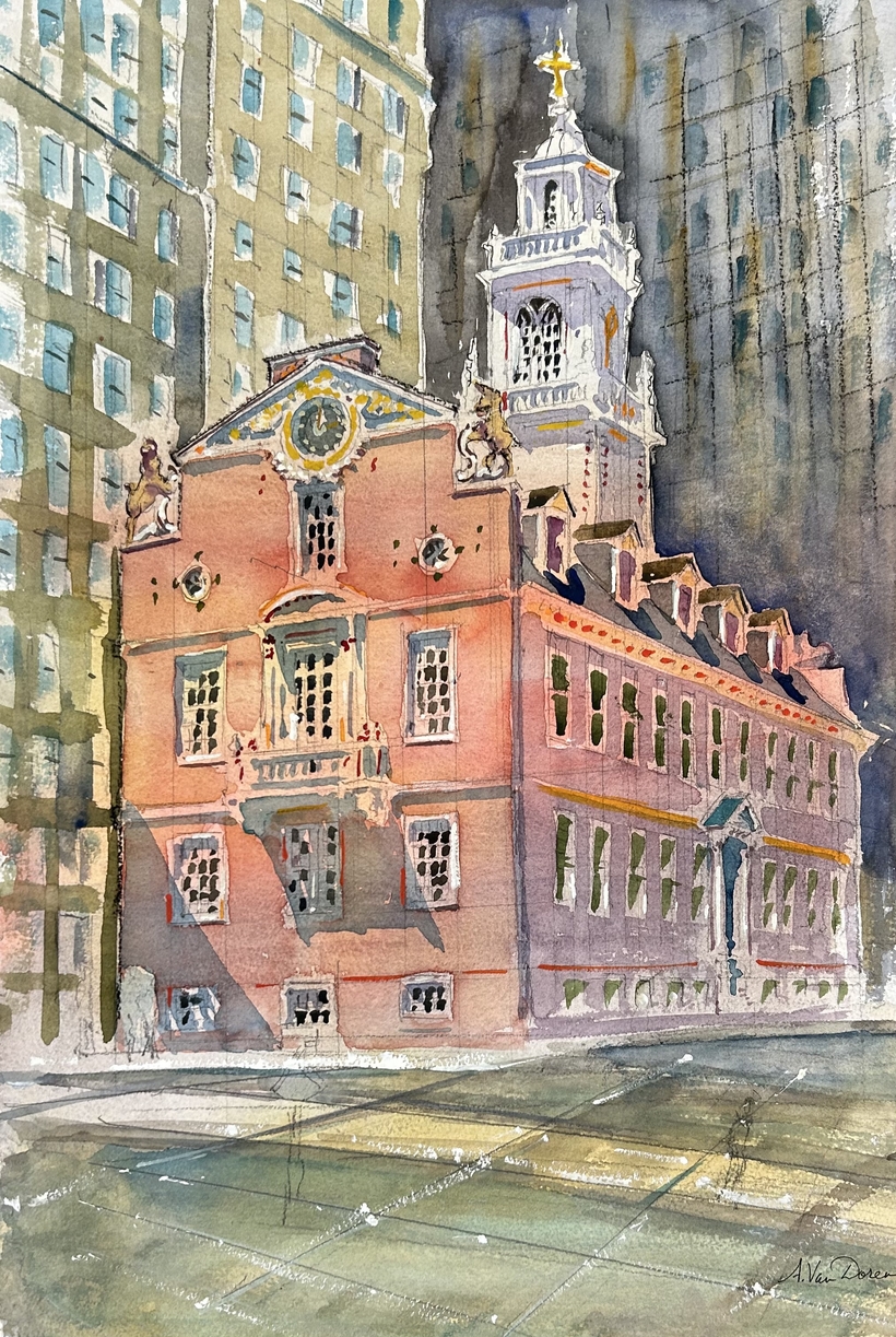 Old State House, Boston, painted in watercolor by Adam Van Doren.